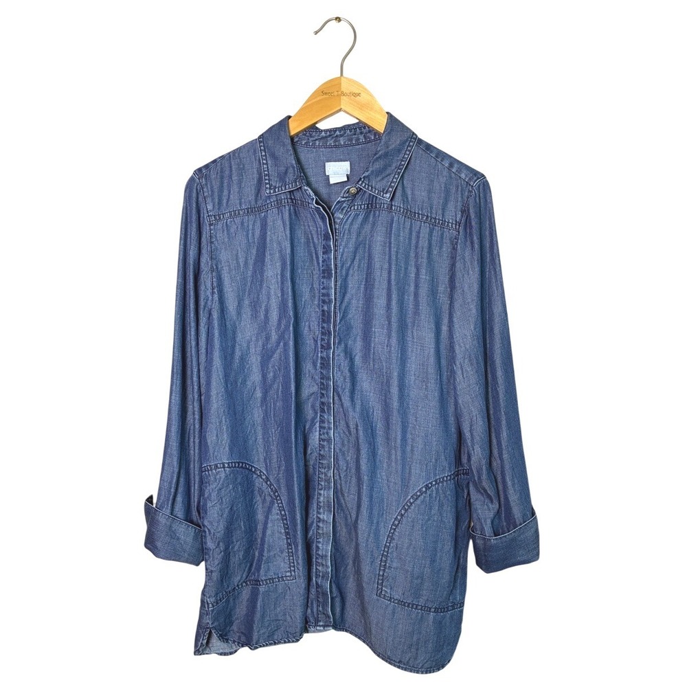 CHICO'S Size 2 US 12 Soft Denim Button Up‎ Shacket Shirt Jacket Pockets Casual